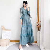 2021 new womens summer French vintage chiffon floral dress lace stitching waist slim temperament long skirt