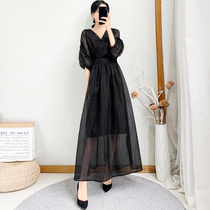 2021 new womens summer black simple lantern sleeves over the knee long dress female slim temperament long dress