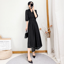 2021 new womens summer simple black long dress womens waist thin temperament French retro dress