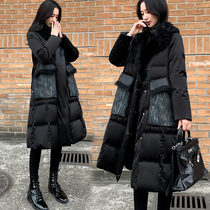 2020 new womens winter black long down jacket womens fur collar stitching knee white duck down coat