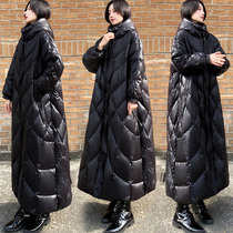 2020 new womens winter super long bright down jacket womens black hooded over the knee white duck down coat