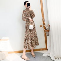 2021 new womens spring long floral dress women lace up waist thin temperament chiffon dress
