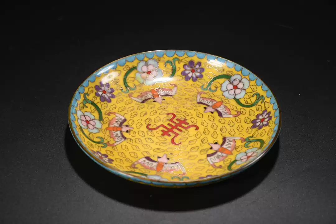 古玩铜器收藏景泰蓝手工掐丝珐琅彩五福临门赏盘直径18