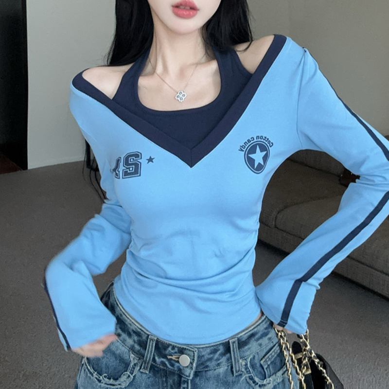 Sweet and Cool Girl Style Color-Blocked Fake Two-Piece Halter Neck Off-Shoulder Long-Sleeve T-Shirt for Women, Spring and Autumn American-Style Printed Unique Top