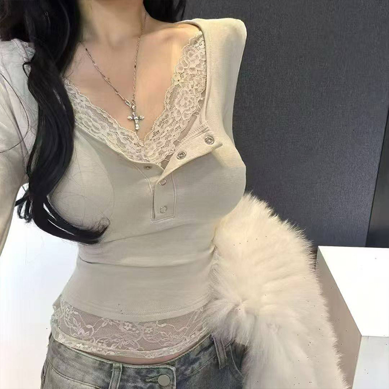 Korean Style Pure and Sexy Half-Open U-Neck Long-Sleeve T-Shirt for Women with Lace Trim, Slim-Fit Base Shirt, Hot Girl Top