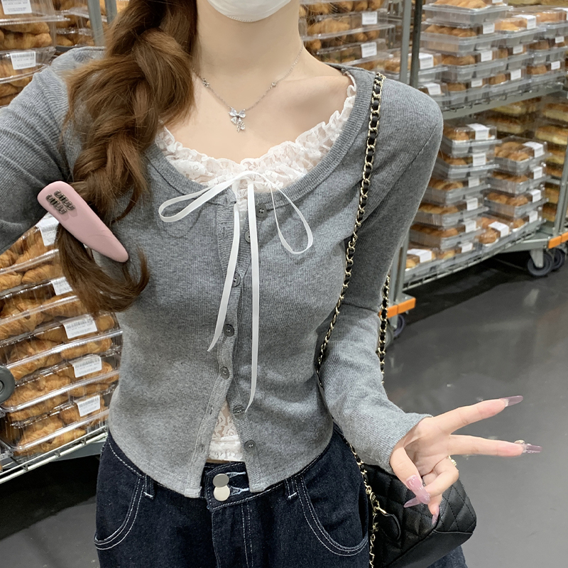 Korean Style Pure and Elegant Lace Color-Blocked Button-Up Faux Two-Piece Slim-Fit Long-Sleeve T-Shirt for Women with Unique Tie Design and Round Neck Top