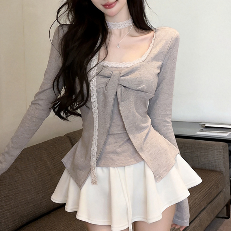 Pure Desire French V-Neck Lace Patchwork Twist Long-Sleeve T-Shirt for Women, Autumn Stylish Fake Two-Piece with Ribbon Slim Fit Top Pure Desire French V-Neck Lace Patchwork Twist Long-Sleeve T-Shirt for Women, Autumn Stylish Fake Two-Piece with Ribbon Slim Fit Top