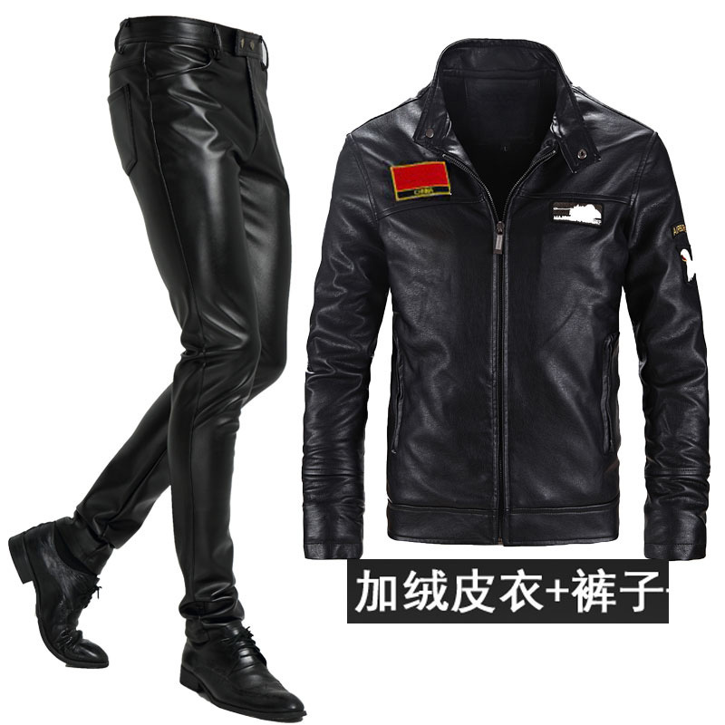 Motorcycle Riding Leather Jacket Men's Leather Clothing and Pants Set Men's Workwear Fleece-Lined Set Warm and Windproof