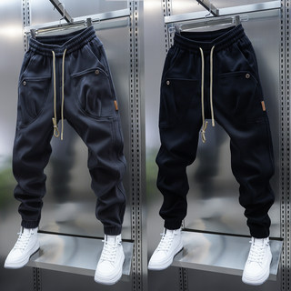 潮流男士新款加绒大口袋休闲裤纯色弹力百搭小脚裤冬季束脚哈伦裤