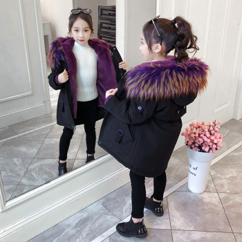 Girls Parker Cotton Clothes Winter Coat Thickened Foreign Style Children's Large Fur Collar Plus Velvet Removable Liner Winter Coat Children's Clothes