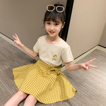 2020 girls western style summer dress fashion stitching plaid skirt summer short-sleeved top girls two-piece skirt