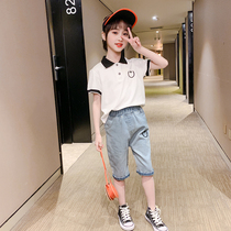 Girls summer polo shirt short-sleeved suit summer fashion childrens denim cropped pants sports and leisure two-piece tide