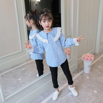 Girls denim shirt set 2020 new style spring and autumn childrens long-sleeved doll collar top girls two-piece set