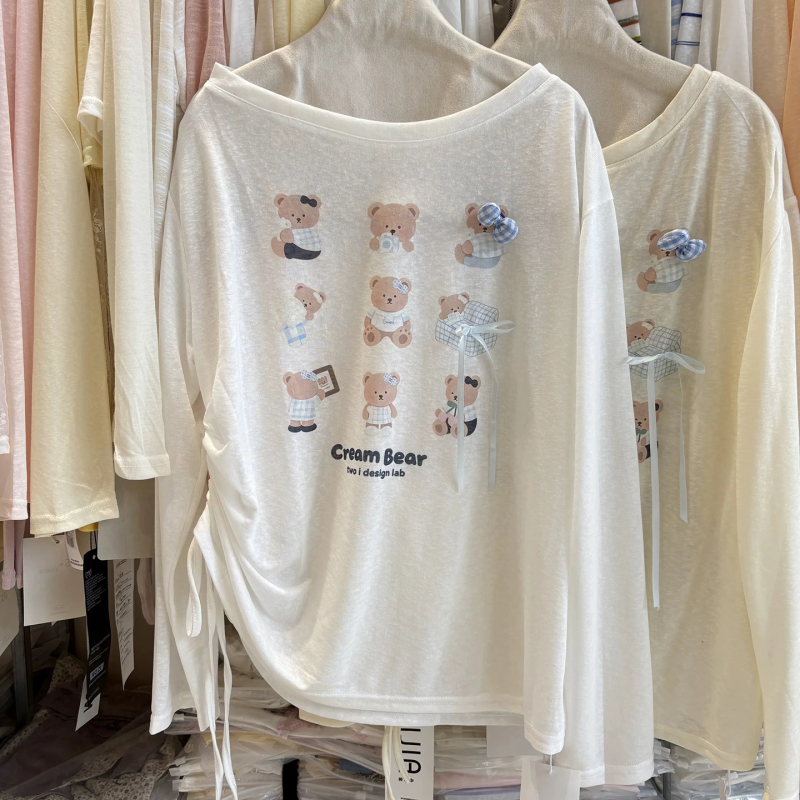 Cartoon Bear Print Diagonal Collar Long-Sleeved T-Shirt for Women Summer New Korean Style Loose Slimming Drawstring Sun Protection Blouse Top Cartoon Bear Print Diagonal Collar Long-Sleeved T-Shirt for Women Summer New Korean Style Loose Slimming Drawstring Sun Protection Blouse Top