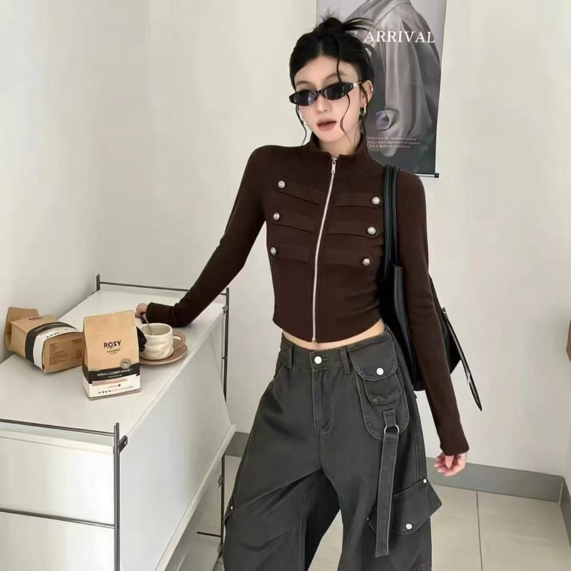 Napoleon-Style Metal Buttoned Niche Zipper Stand-Collar T-Shirt for Women, Autumn Design, Slim Fit, Cropped Top Napoleon-Style Metal Buttoned Niche Zipper Stand-Collar T-Shirt for Women, Autumn Design, Slim Fit, Cropped Top