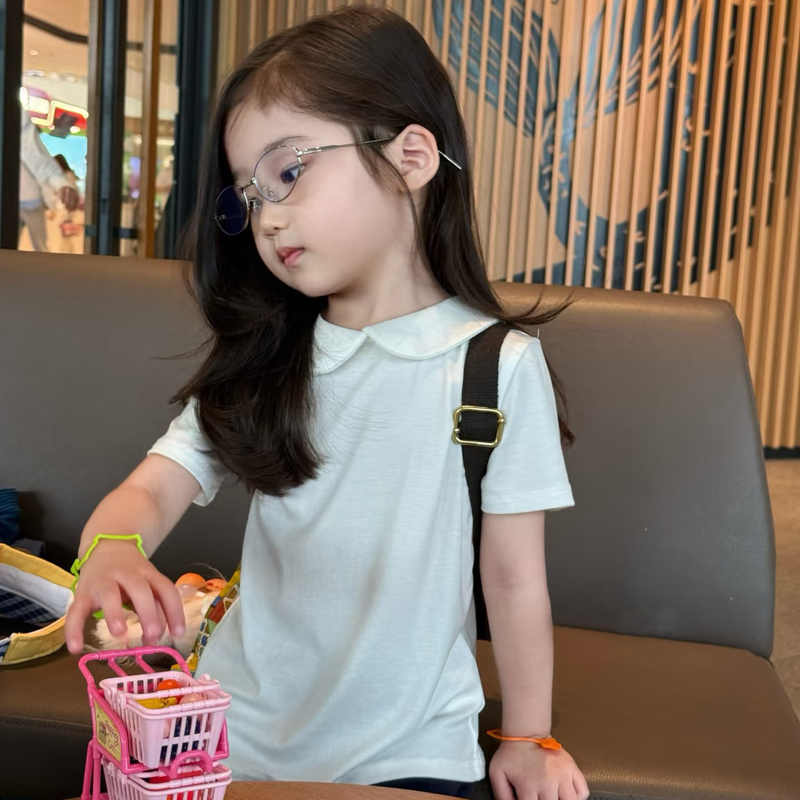 Girls' Summer Cute Doll Collar Short-Sleeve French-Style Children's Miu Series Solid Color Versatile Loose-Fitting T-Shirt