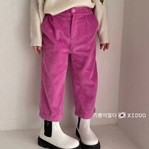 Girls cropped pants Korean childrens wear 22 spring and autumn baby foreign mid-rise rose red corduroy casual pants