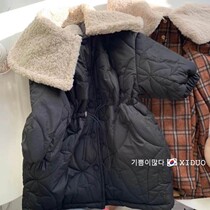 Childrens coat Korea childrens wear 2021 autumn and winter new style boys and girls foreign air tight waist thickened mid-length wool collar cotton suit