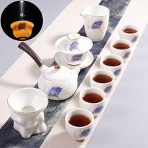 Dehui high-grade white porcelain goat jade porcelain tea set set home gold three talent bowl kung fu tea set