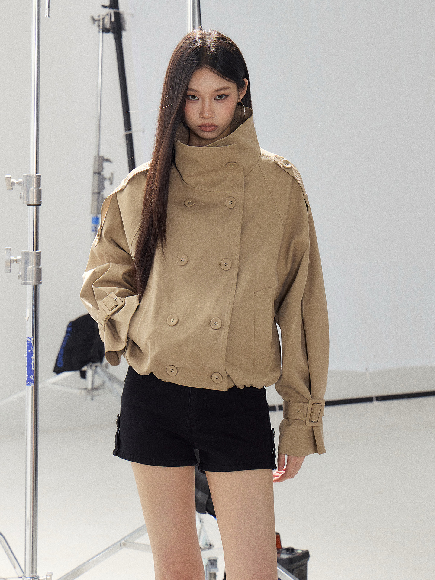 WITHMIN Khaki Double-Breasted Cropped Jacket