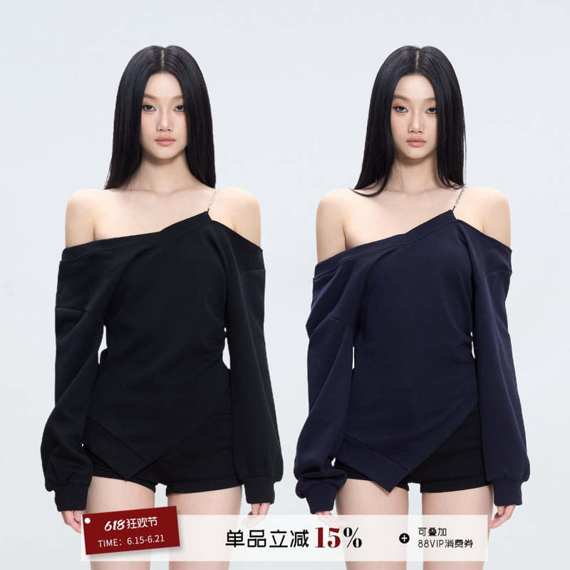 Withmin One-Shoulder Top, Off-Shoulder, Sexy Design, Niche, New Autumn Style, Slimming Long-Sleeve, Slanted Shoulder Sweatshirt