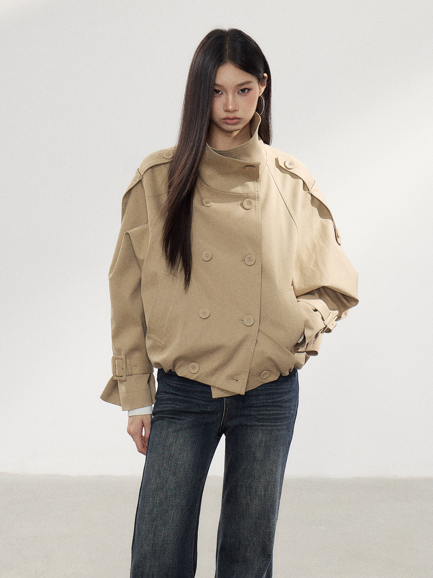 WITHMIN Khaki Double-Breasted Cropped Jacket
