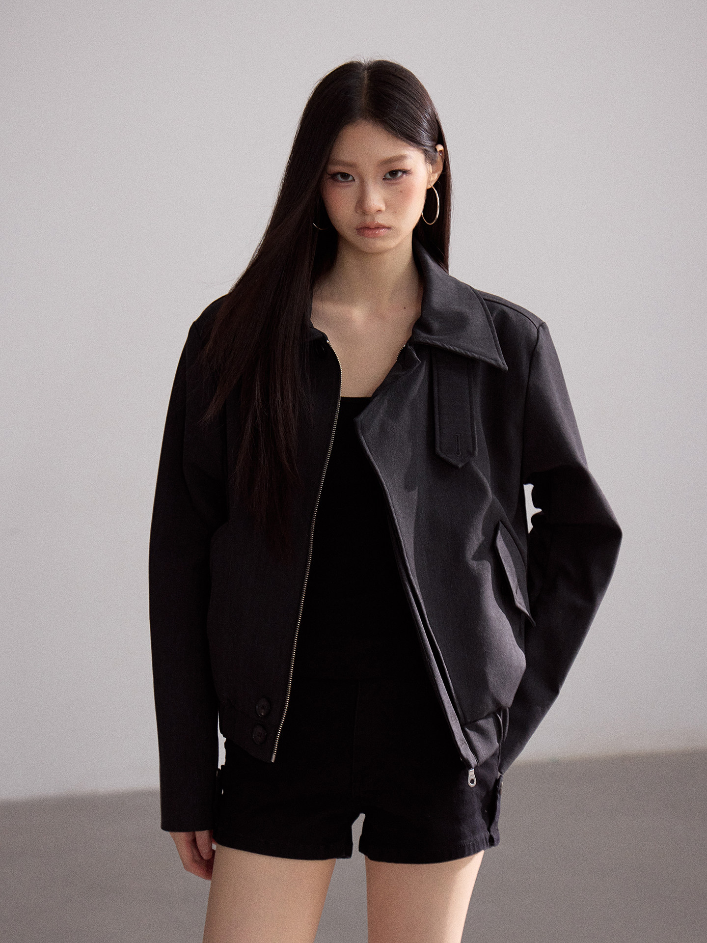 WITHMIN Black Zip-Up Lapel Jacket
