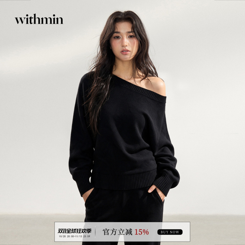 Withmin Black Sweater for Women, New Autumn Style, Loose Fit, Slimming, Casual, Off-Shoulder, Asymmetrical Shoulder Knit Top, Women's Clothing