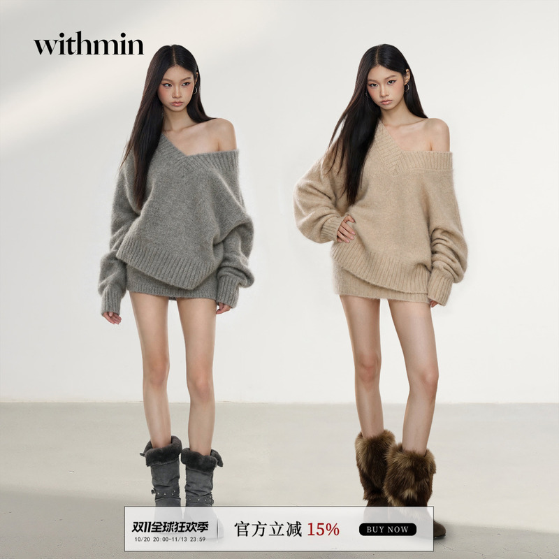 Withmin Slanted Shoulder Sweater Knitted Suit for Women, Autumn and Winter Pullover, Loose Low-Waisted Hip-Hugging Skirt Two-Piece Set