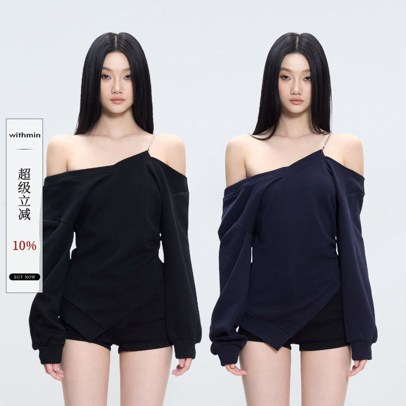Withmin One-Shoulder Top, Off-Shoulder, Sexy Design, Niche, New Autumn Style, Slimming Long-Sleeve, Slanted Shoulder Sweatshirt Withmin One-Shoulder Top, Off-Shoulder, Sexy Design, Niche, New Autumn Style, Slimming Long-Sleeve, Slanted Shoulder Sweatshirt