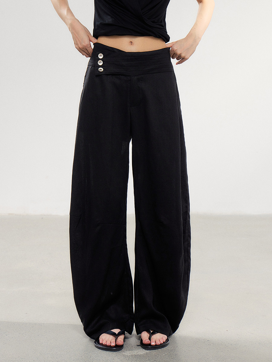 WITHMIN Black Asymmetric Button Low-Rise Straight-Leg Pants