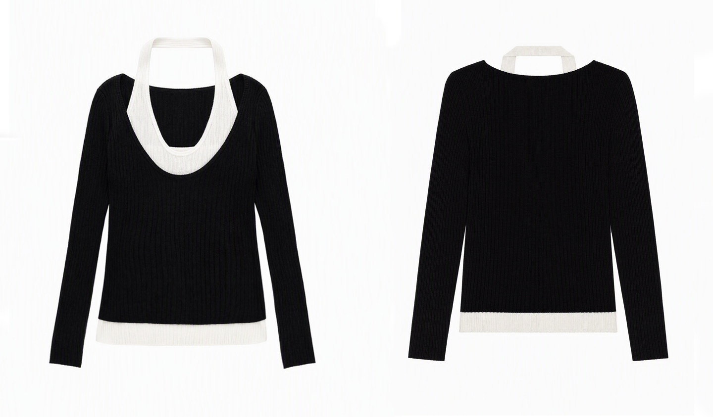 WITHMIN Contrast-Color Layered-Look Halter Long-Sleeve Tee