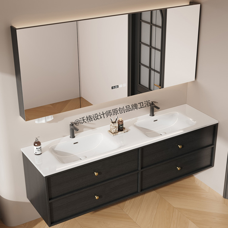 French-Style Black Bathroom Cabinet with Honeycomb Aluminum Alloy and Ceramic Integrated Basin, Double Basin Vanity Set for Bathroom