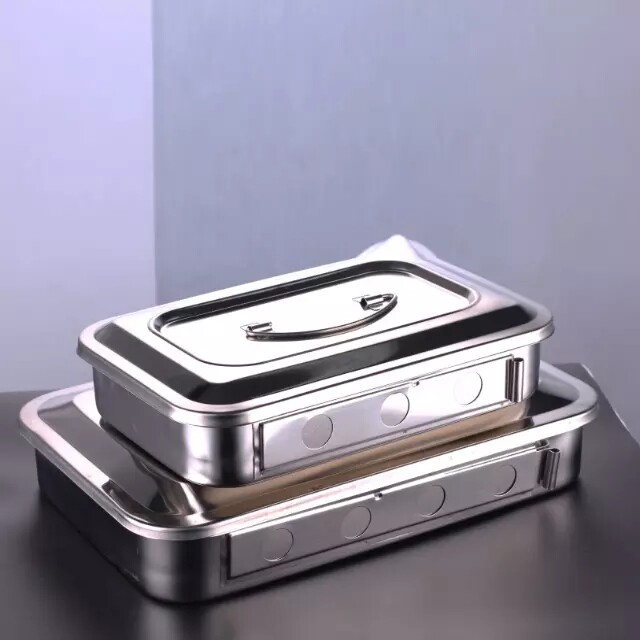 Thickened 304 stainless steel square plate tray 8 inches 9 inches 11 5 inches disinfection instrument box with cover and hole anti-iodine