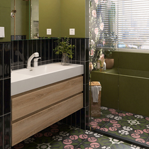 French retro bathroom tiles mid-century style bathroom toilet balcony olive green tiles black corrugated checkered tiles