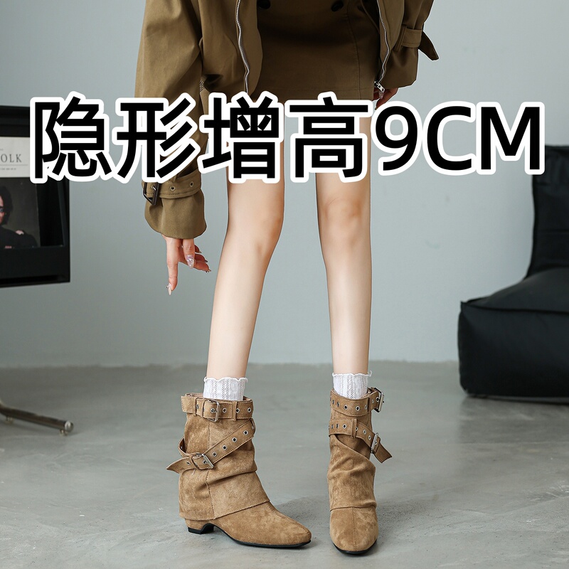 9cm Height Increase, Retro Pointed-Toe Melard Knight Boot with Trouser Leg, Women's Belt Buckle Western Cowboy Short Boots, Martin Boots
