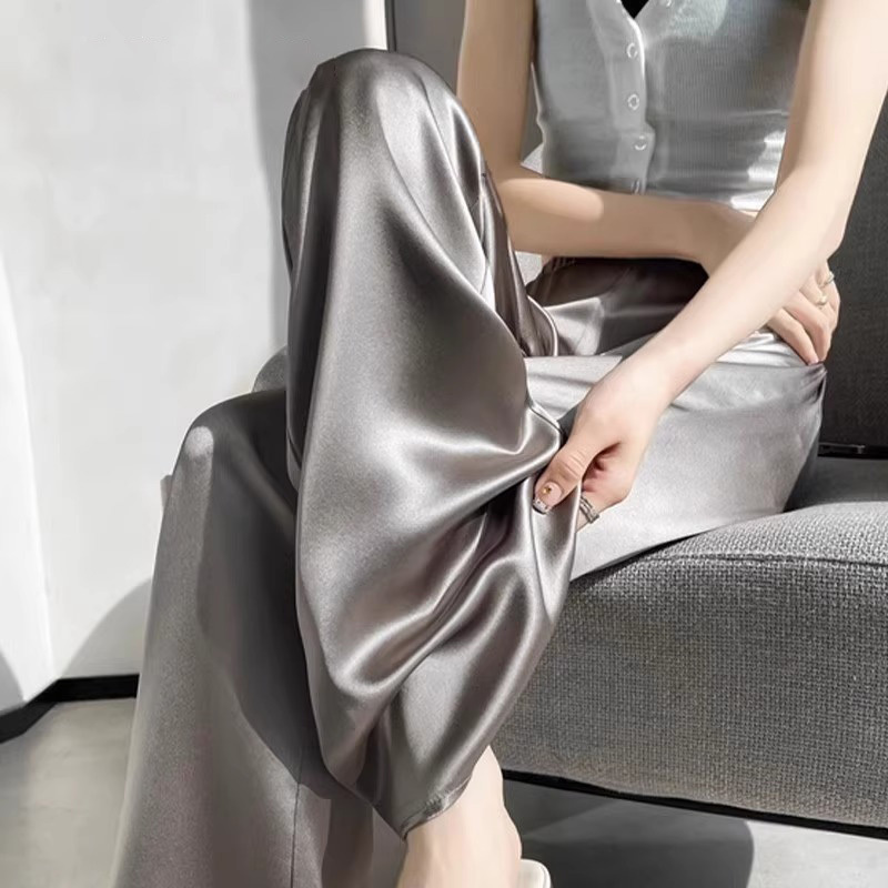British Morileon Co-Branded Acetate Satin Micro-Flared Pants for Women, Summer Thin Shiny Cool Pants, Ice Silk Wide-Leg Pants