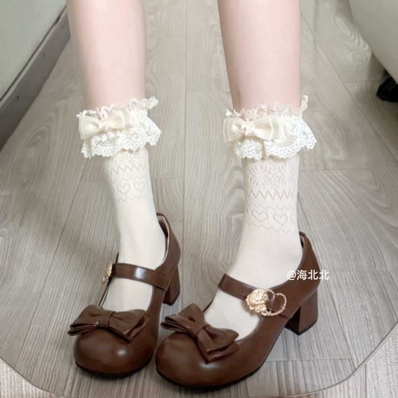 Spring and Summer Thin Lolita Mid-Calf Socks for Women, Sweet Milky White Lace Trim with Bow, Ballet Style Calf Socks Spring and Summer Thin Lolita Mid-Calf Socks for Women, Sweet Milky White Lace Trim with Bow, Ballet Style Calf Socks