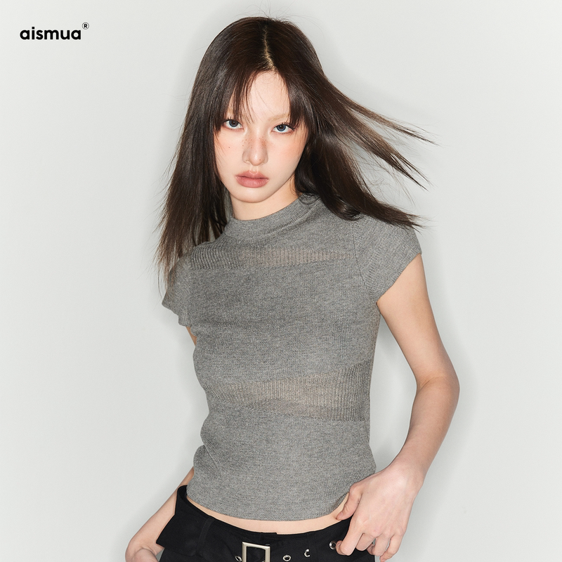 Original Aismua Knitted Sweater Short-Sleeved Hollow-Out Effect Slimming Women's Fitted Gray Regular Shoulder Top T-Shirt Spring