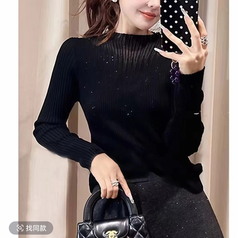 Black Rhinestone Round-Neck Knit Sweater for Women, Long-Sleeve Pullover, Slim-Fit, Flattering Base Sweater with Sequins