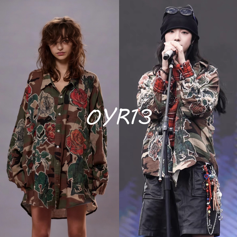 Buyer's Store R13 Zhuang Dafei's Same Style Heavy-Duty Hand-Cut Embroidered Camouflage Rose Cotton Yarn Long-Sleeve Shirt for Men and Women