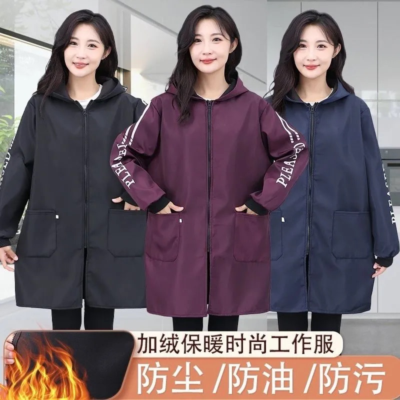 Winter Fleece-Lined Waterproof Outerwear, Stain-Resistant Work Clothes, Dust-Proof, Unisex, Long-Sleeved, Regular Hooded Kitchen Smock Winter Fleece-Lined Waterproof Outerwear, Stain-Resistant Work Clothes, Dust-Proof, Unisex, Long-Sleeved, Regular Hooded Kitchen Smock