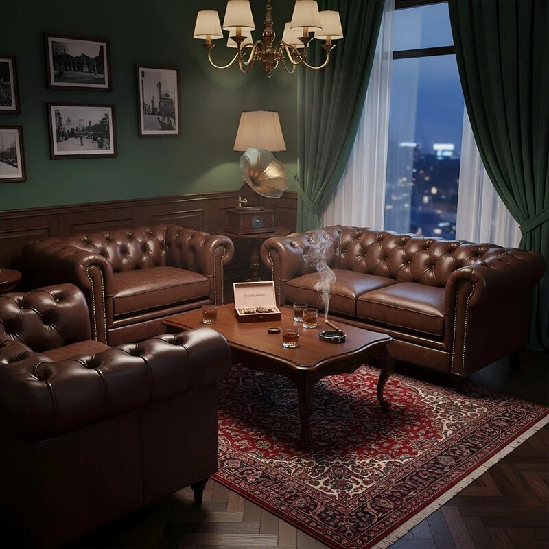 American-Style Retro Cigar Bar Sofa, Private Club Whiskey Bar Table and Chairs, Old Money Style Single and Double Seat Combination American-Style Retro Cigar Bar Sofa, Private Club Whiskey Bar Table and Chairs, Old Money Style Single and Double Seat Combination