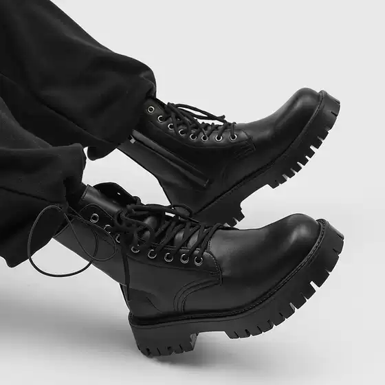 Long Martin Boots for Men, British Style, High-Top, Thick-Soled, Height-Increasing Work Boots, Men's Genuine Leather Winter Fleece-Lined Motorcycle Boots