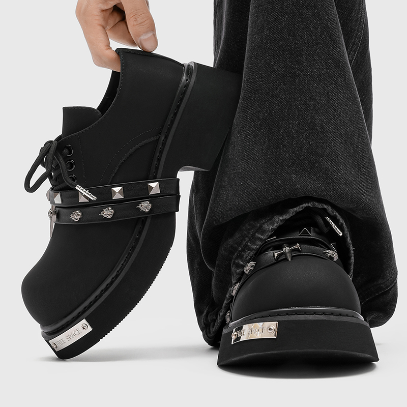 Zhang Jie's Same Style Derby Shoes 2025 New British Style Large-Toe Shoes Studded Round-Toe Shoes Men's Thick-Soled Height-Increasing Loafers