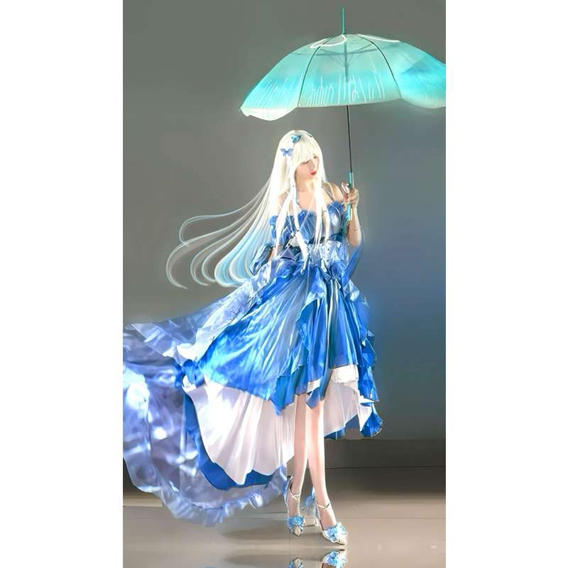 Lolita Heavy Industry Trailing Puffy Short Front and Long Back Princess Dress Blue Flower Wedding Dress Lolita Dress