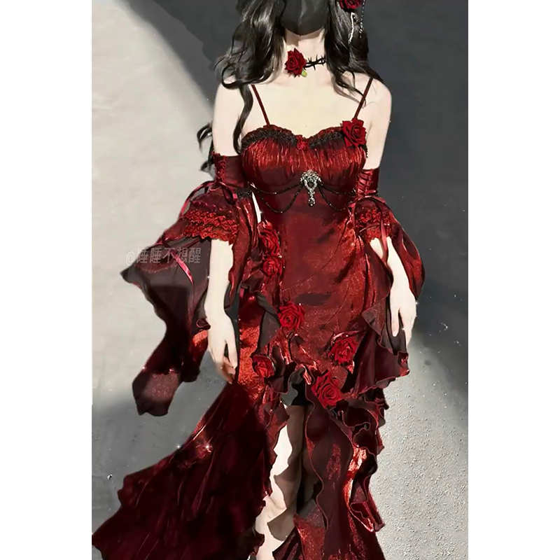 Red Rose Dress Lolita Fishtail Skirt Lolita Elegant Goddess Royal Sister