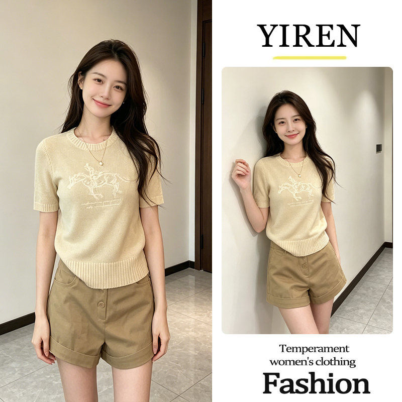 Old Money Style Knitwear Set for Women, Summer Casual Versatile Knit Short-Sleeve Jacquard Top and Shorts Two-Piece Set