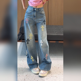 十字架多色不规则刺绣百搭弯刀牛仔裤2026春季新款大码胖mm阔腿裤