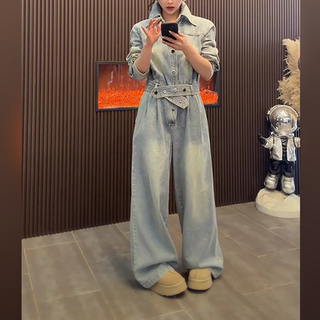 欧货爆款东大门早春款潮色宽腰带连体裤2026大码时尚阔腿牛仔裤子